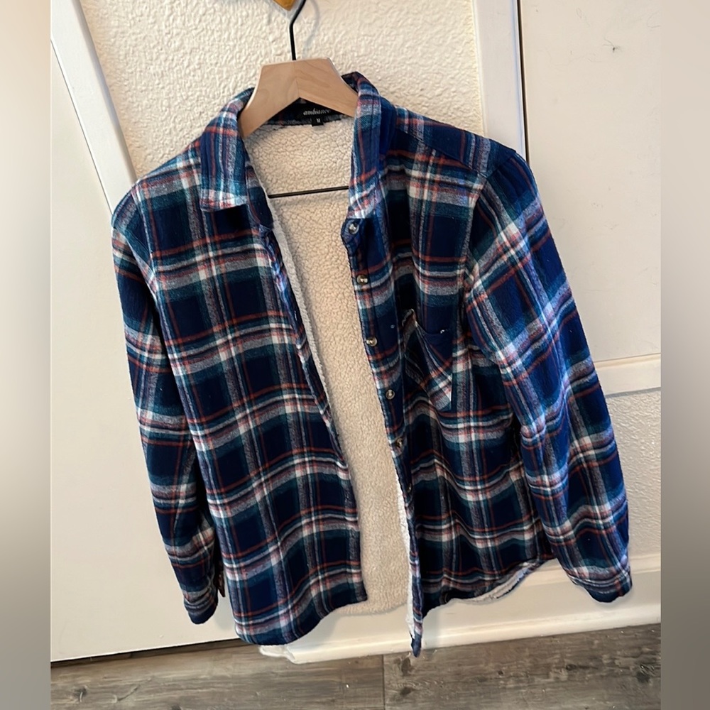 Ambiance Sherpa lined jacket plaid blue